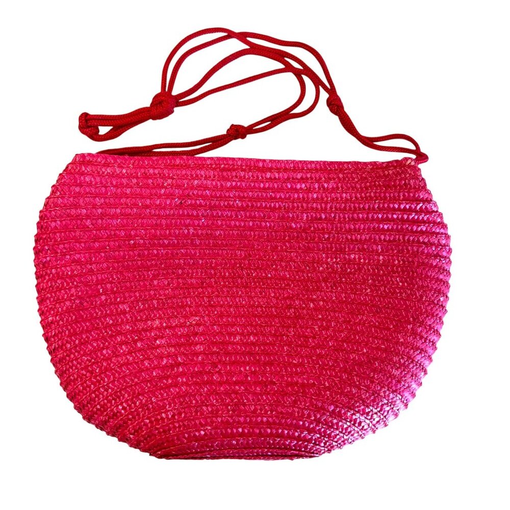 Pink Straw Woven Crossbody Purse Boho Indie Adjustable Strap Zipper Closure Bag